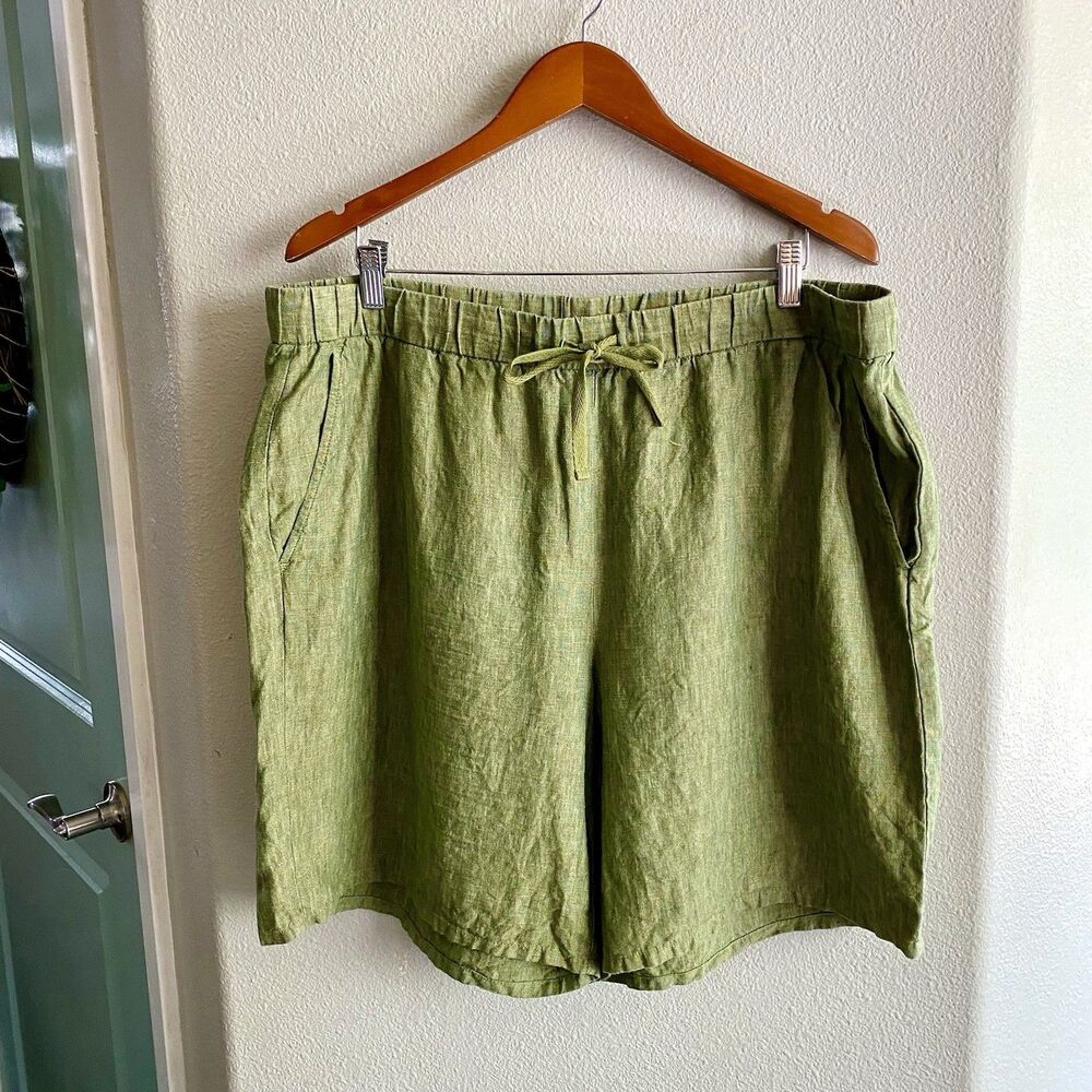 EILEEN FISHER Women's Organic Linen Drawstring Shorts Olive Plus Size 1X